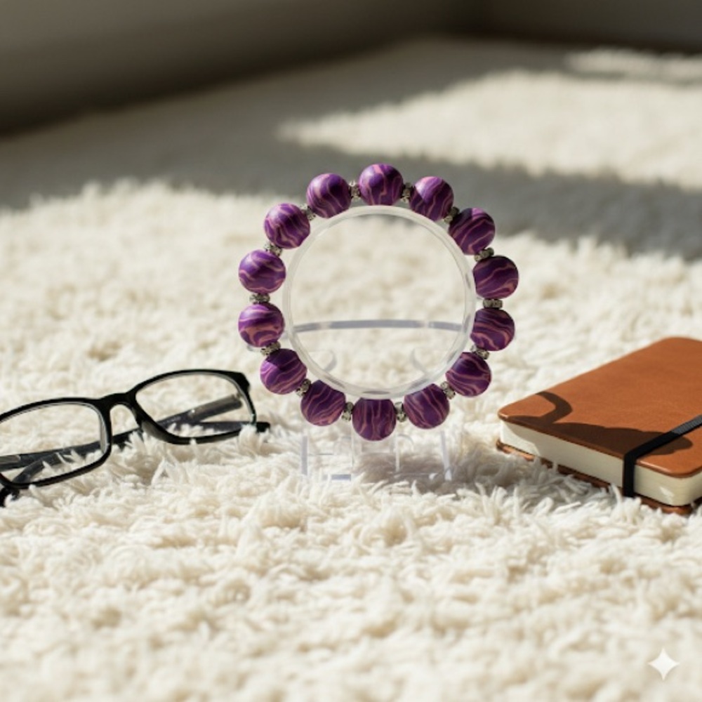 Unique Artisan Purple Marble-Look Beaded Bracelet with Rhinestone Spacers - Picture 2 of 11